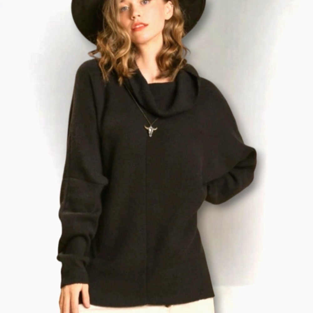 Umgee Slouchy Black Oversized Loose Fit Cowl Neck Sweater - Large - NWT